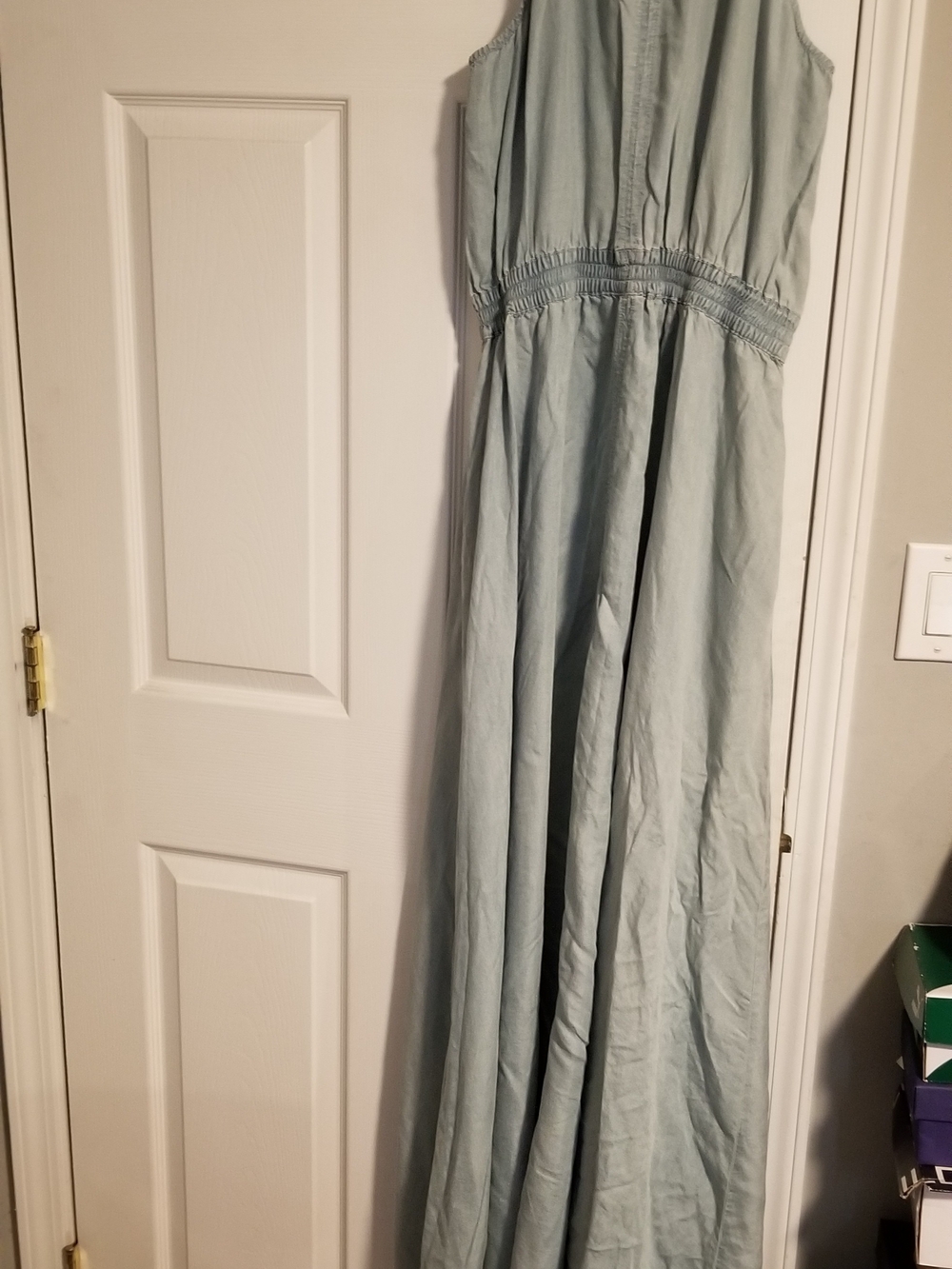 Light Blue lite weight Denim Sleeveless Maxi Dress with front split..